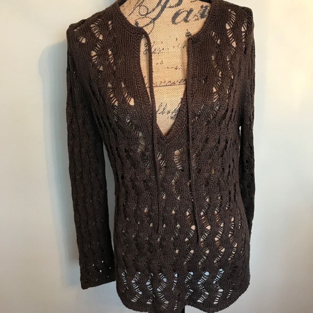 LOFT Lovely woven chocolate sweater w/tie trim